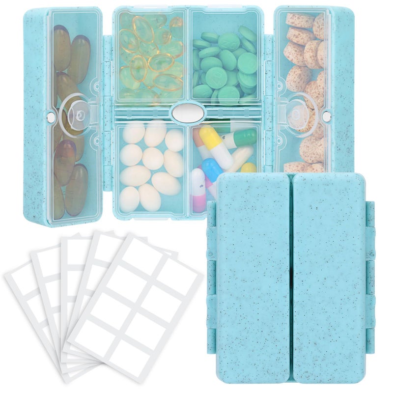 FYY Travel Pill Organizer with Blank Lables,6 Compartments Magnetic Pill Organizer Pill Box for Purse Pocket to Hold Vitamins,Cod Liver Oil,Supplements and Medication-Blue - Image 1