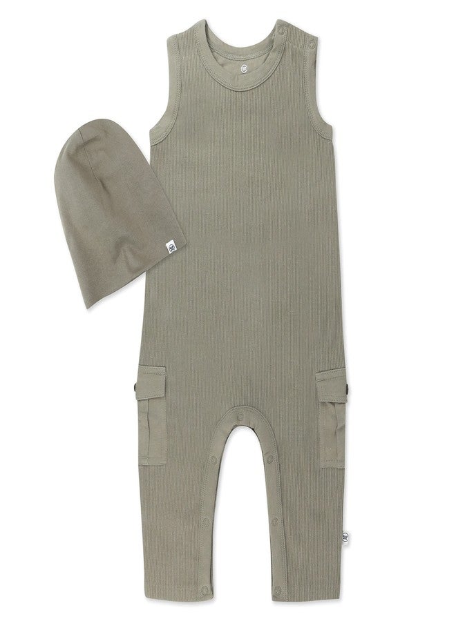 HonestBaby Sleeveless Rib Coverall and Beanie set Organic Cotton for Baby Boys, Girls, Khaki, 12 Months - Image 1