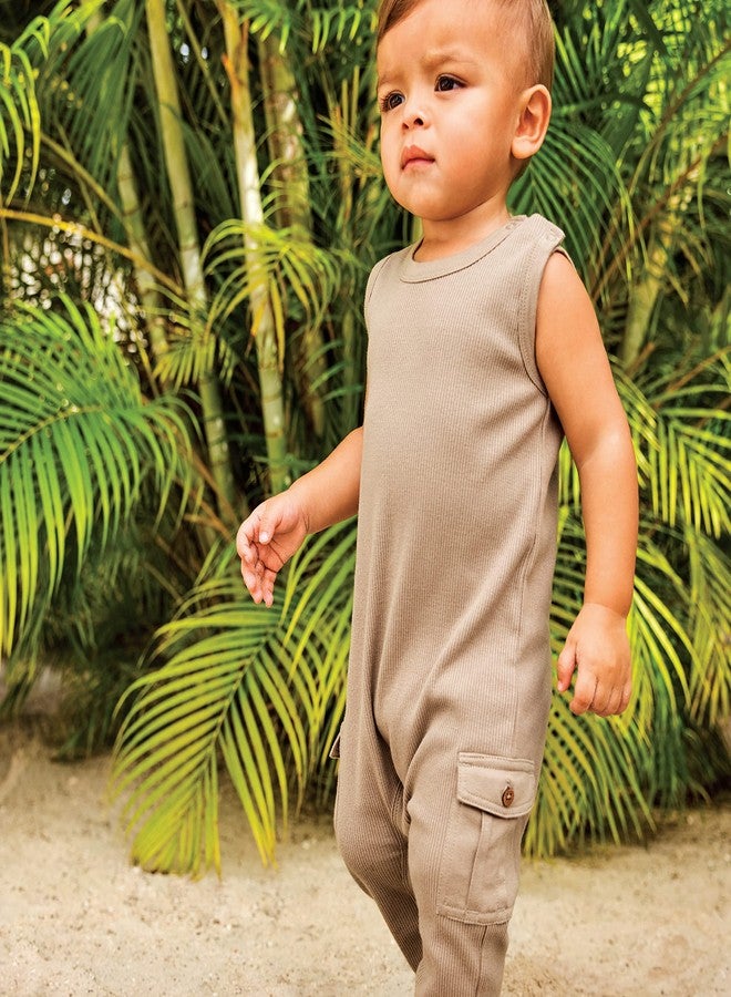 HonestBaby Sleeveless Rib Coverall and Beanie set Organic Cotton for Baby Boys, Girls, Khaki, 12 Months - Image 2
