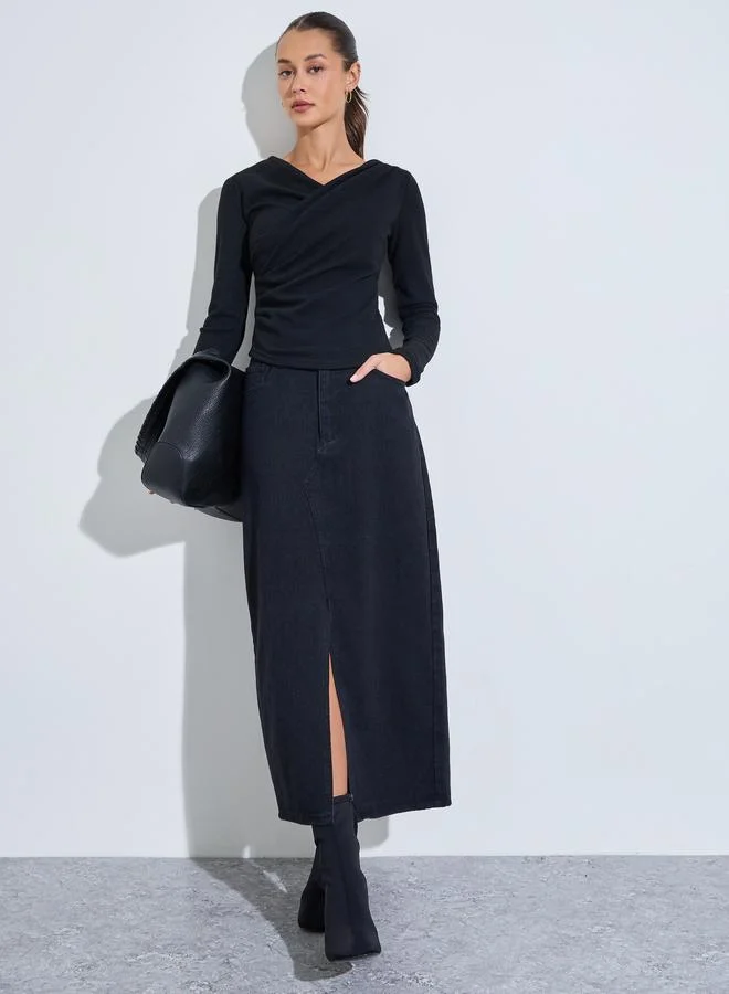 Styli Black Solid Side Gathered Wrap Knitted Top