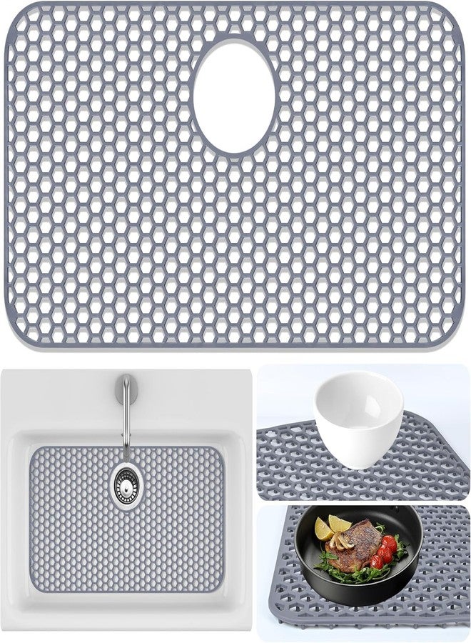 Inchoco Sink Protectors Mat - 25.79"x13.98" Kitchen Sink Pad for Bottom of Basin for Protection of Stainless Steel and Tableware, Farmhouse Rubber Basin Mat Protector with Rear Drain - Light Gray - Image 1