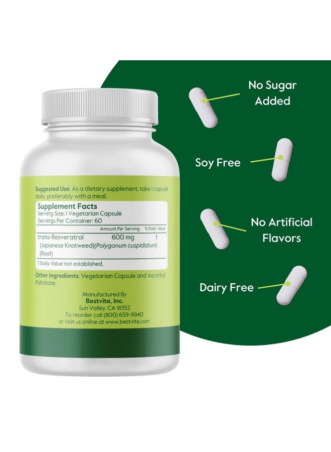 BESTVITE BESTVITE Resveratrol 600mg (60 Vegetarian Capsules) - 98% Pure Trans-Resveratrol - No Stearates- Vegan - Gluten Free - Non GMO - Image 2