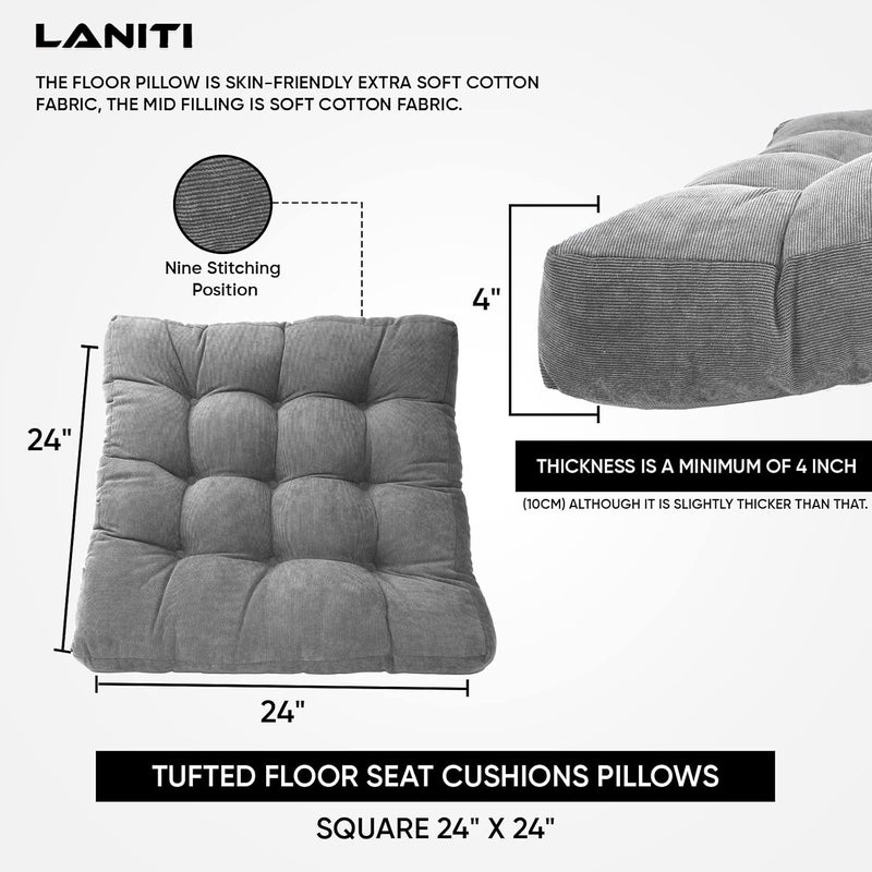 LANITI 24” Inch Extra Large Floor Cushions Tufted Floor Pillow for Adults Square Meditation Ultimate Comfort Oversized Pillows for Floor Cushion (Charcoal) - Image 5