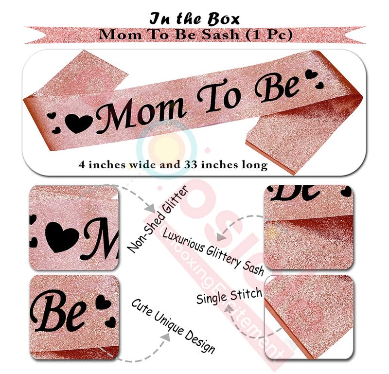 Propsicle Mom to Be Sash Rose Gold Glitter Satin with Black Text Pack of 1 for Baby Shower Decoration, Godh Bharai Sajawat, Maternity Photo Shoot Accessory - Image 2