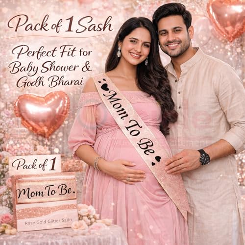 Propsicle Mom to Be Sash Rose Gold Glitter Satin with Black Text Pack of 1 for Baby Shower Decoration, Godh Bharai Sajawat, Maternity Photo Shoot Accessory - Image 3