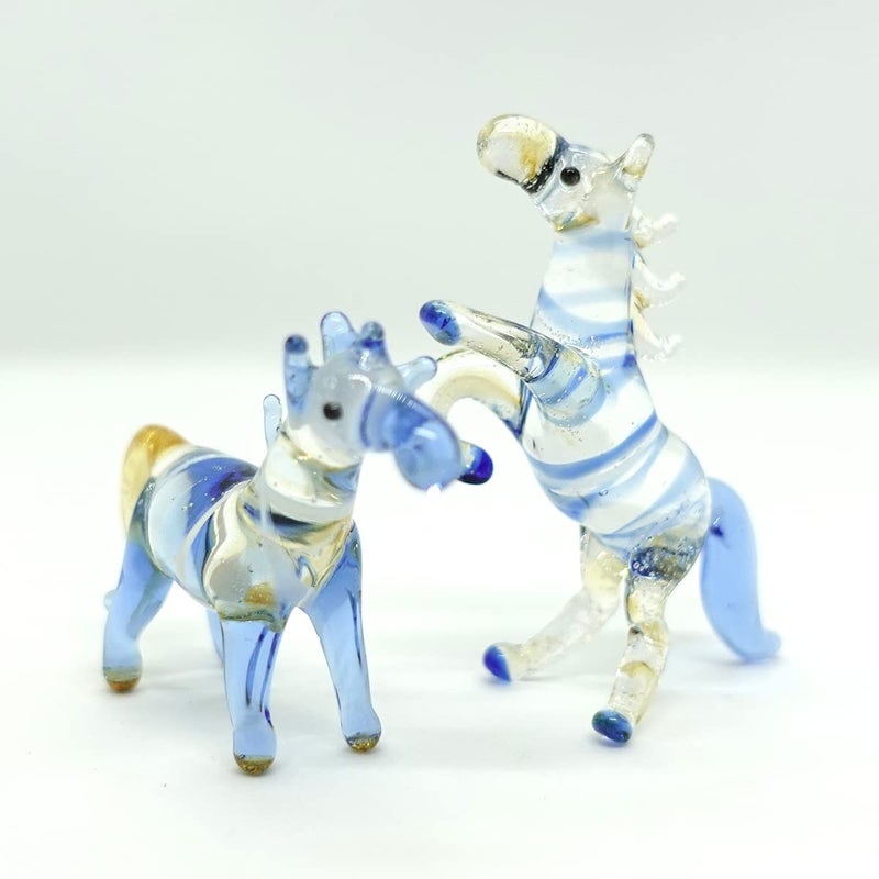 Sansukjai 2 Horse Miniature Figurines Animals Hand Blown Color Glass Art Collectible Gift Decorate Blue Amber