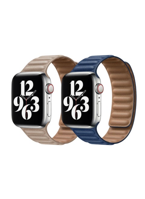 For Apple Watch Leather Link Band Strap iWatch Series 40/44/41/45mm Star Light Strap with Midnight Blue Strap