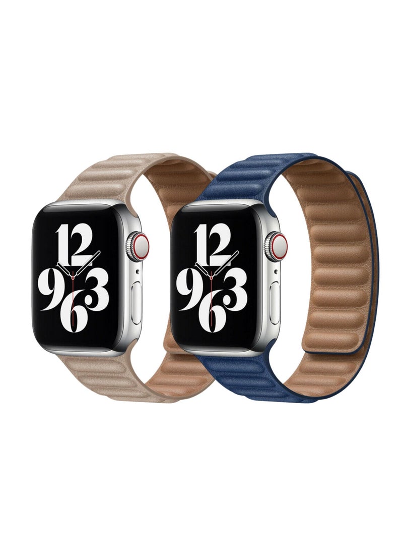 For Apple Watch Leather Link Band Strap iWatch Series 40/44/41/45mm Star Light Strap with Midnight Blue Strap