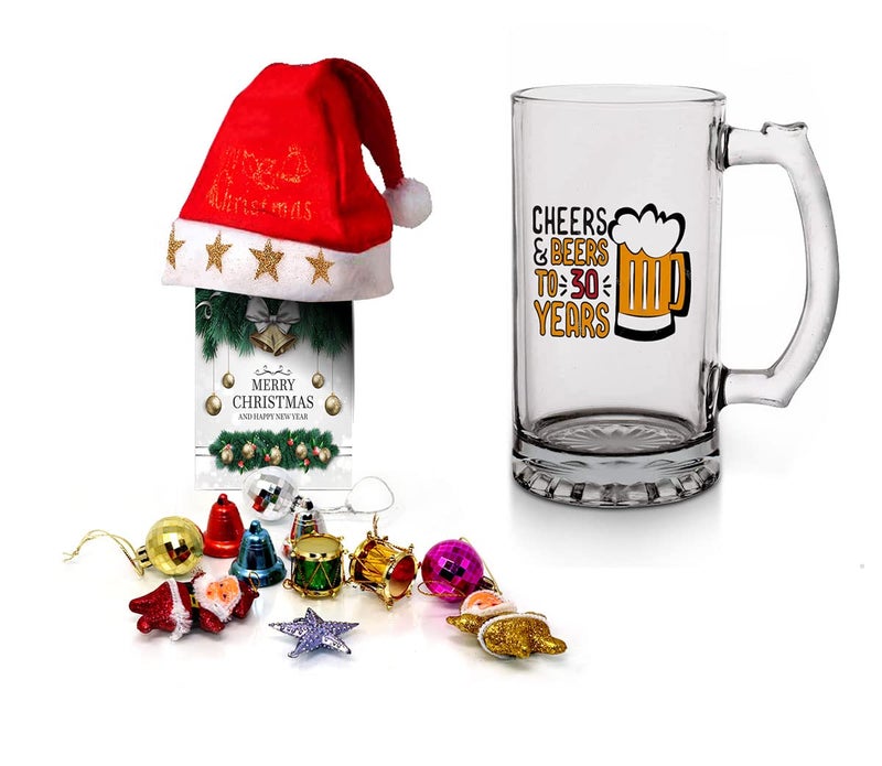 Kesri Gifts Kesri Gifts Christmas Gift Set Printed Beer Mug 12 Christmas Ornaments with Santa Cap Xmas Greeting Card for Xmas Gift ComboxmBrm22138