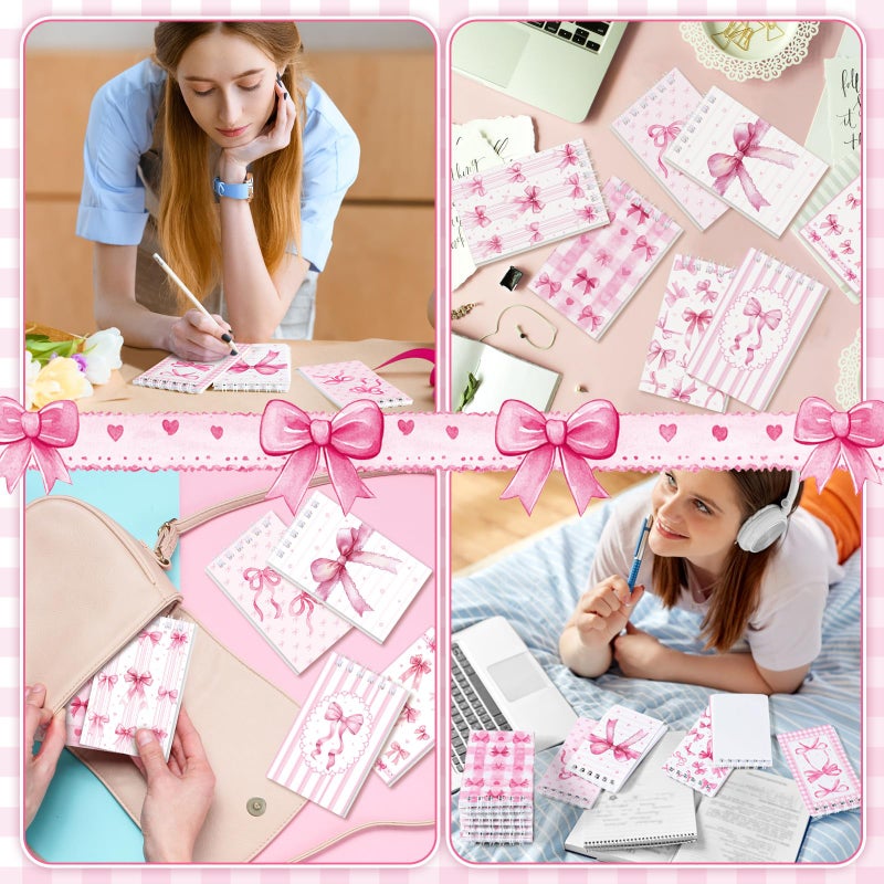 Thenshop 24 Pcs Mini Pink Bow Spiral Notebook 3.9x2.4 Inch Cute Coquette Pink Aesthetic Watercolor Journal Lined Memo Pad Preppy Mini Top Spiral Notebook Office Supplies for Party Gifts Home - Image 4