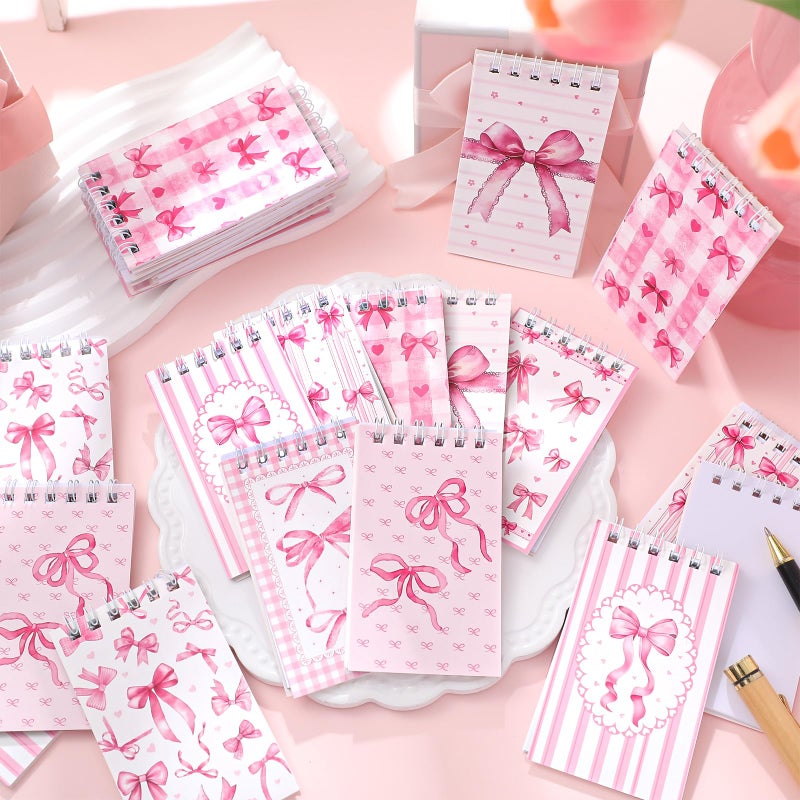 Thenshop 24 Pcs Mini Pink Bow Spiral Notebook 3.9x2.4 Inch Cute Coquette Pink Aesthetic Watercolor Journal Lined Memo Pad Preppy Mini Top Spiral Notebook Office Supplies for Party Gifts Home - Image 2