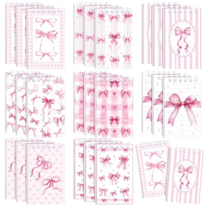 Thenshop 24 Pcs Mini Pink Bow Spiral Notebook 3.9x2.4 Inch Cute Coquette Pink Aesthetic Watercolor Journal Lined Memo Pad Preppy Mini Top Spiral Notebook Office Supplies for Party Gifts Home - Image 1