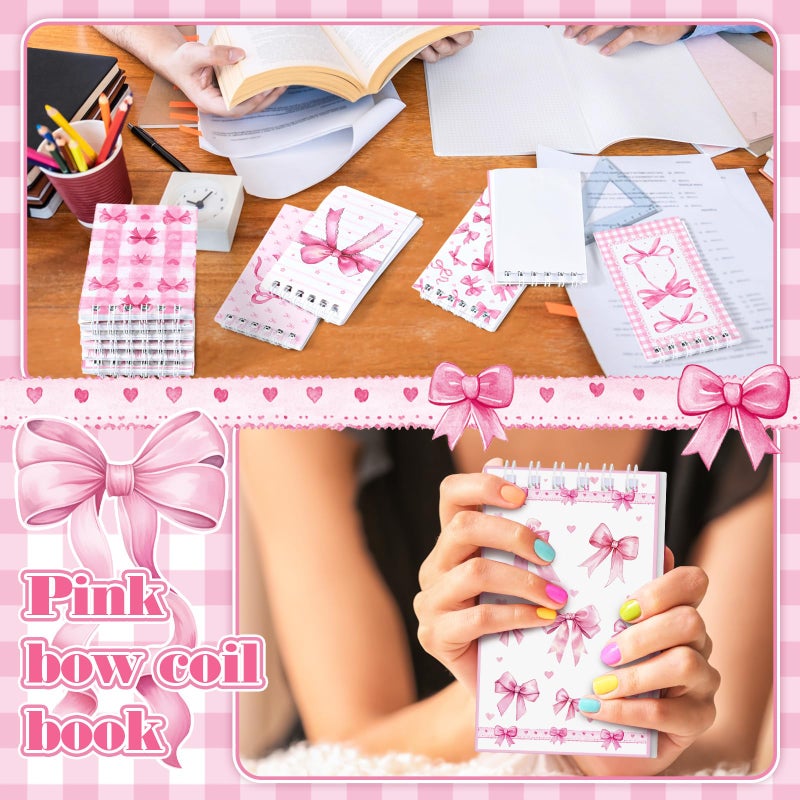 Thenshop 24 Pcs Mini Pink Bow Spiral Notebook 3.9x2.4 Inch Cute Coquette Pink Aesthetic Watercolor Journal Lined Memo Pad Preppy Mini Top Spiral Notebook Office Supplies for Party Gifts Home - Image 5