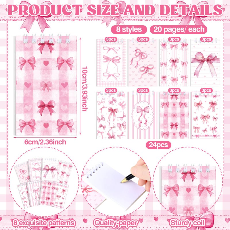 Thenshop 24 Pcs Mini Pink Bow Spiral Notebook 3.9x2.4 Inch Cute Coquette Pink Aesthetic Watercolor Journal Lined Memo Pad Preppy Mini Top Spiral Notebook Office Supplies for Party Gifts Home - Image 3