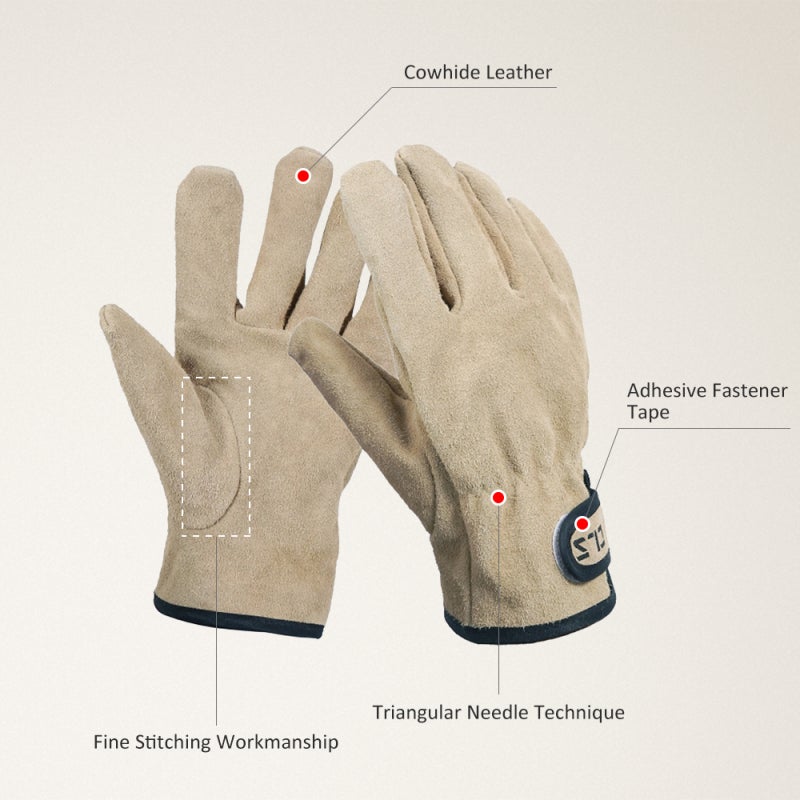CLS Camping Gloves Cowhide Leather Heat-Resistant Reinforced Stitching - Thermal Fabric with Adjustable Strap for Outdoor Use - Image 3