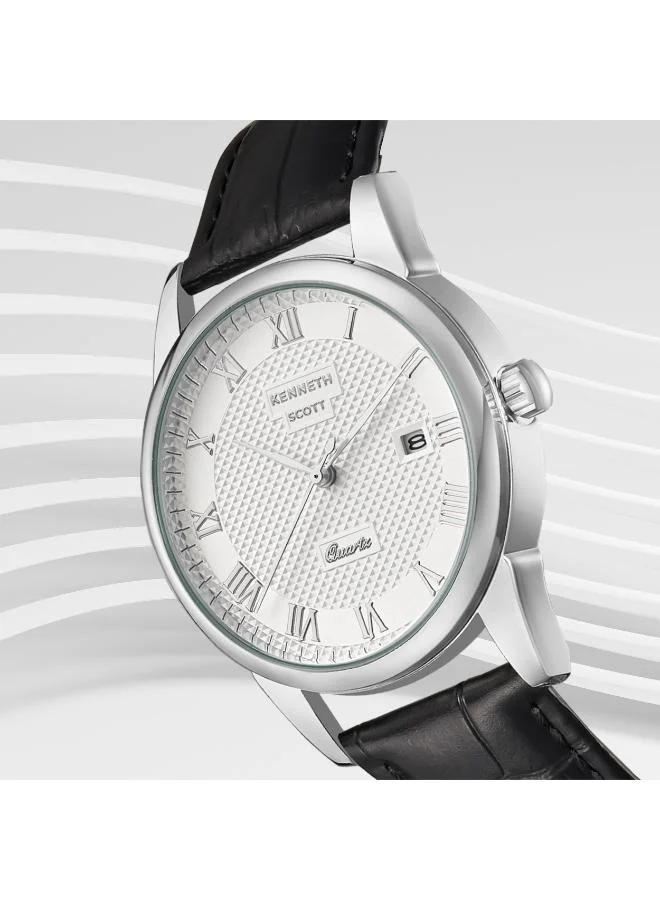 KENNETH SCOTT Kenneth Scott Men's Japanese Quartz Movement Watch, Analog Display and Leather Strap - K23030-SLBW, Black