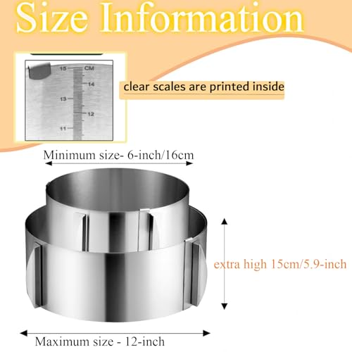 DATANYA Cake Ring Extra High 15cm - Adjustable 6 Inch to12Inch Stainless Steel Round Cake Mousse Molds Baking Ring, 5.9 Inch Deep Cake Mold with Precise Scaling - Image 2