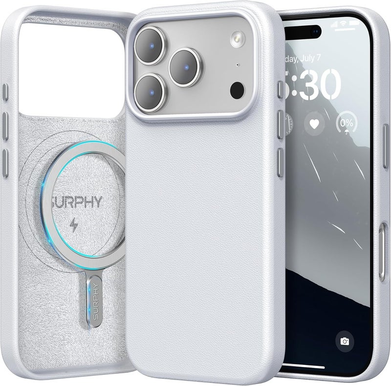 SURPHY Designed for iPhone 17 Pro Leather Case, Compatible with MagSafe Wireless Charging Faux Leather Case with Metallic Buttons and Microfiber Lining for 17 Pro 6.3 inch 2025, Cool White - Image 1