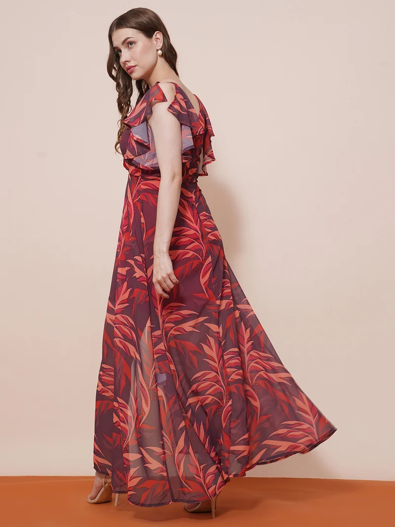 globus Women V-Neck Flutter Sleeves Tropical Printed Front Slit Fit & Flare Maxi Dress