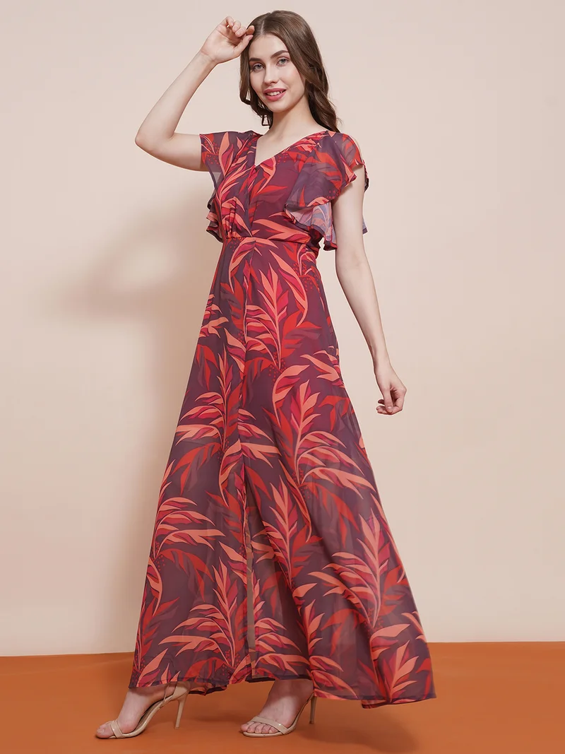 globus Women V-Neck Flutter Sleeves Tropical Printed Front Slit Fit & Flare Maxi Dress