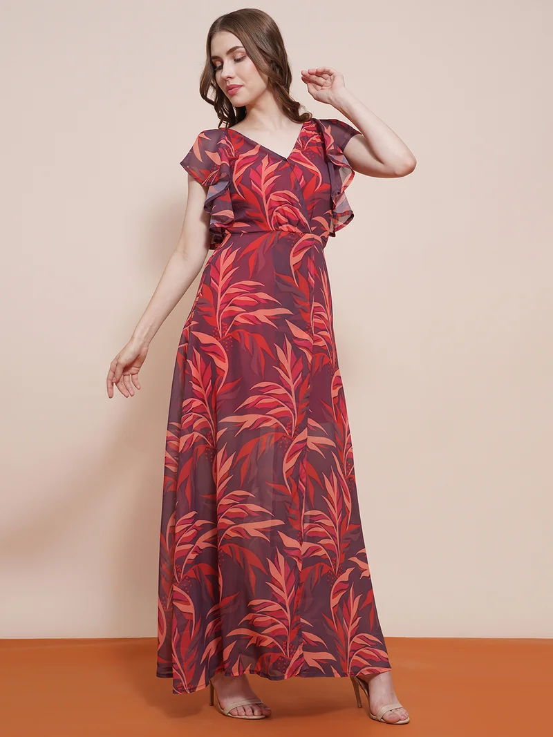 globus Women V-Neck Flutter Sleeves Tropical Printed Front Slit Fit & Flare Maxi Dress