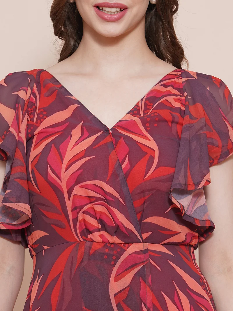 globus Women V-Neck Flutter Sleeves Tropical Printed Front Slit Fit & Flare Maxi Dress