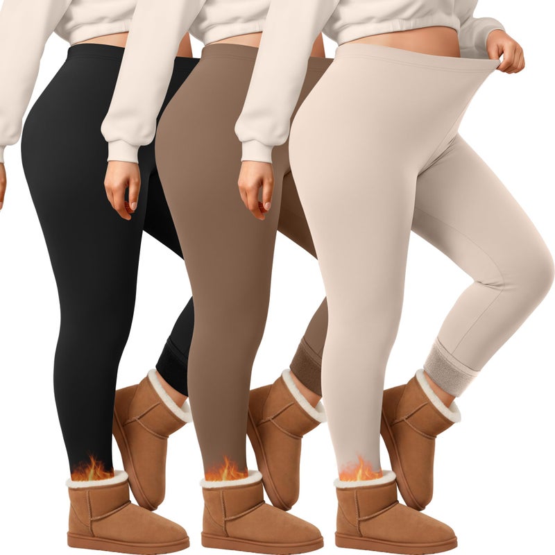 Evervibe 3 Pack Women's Plus Size Fleece Lined Thermal Underwear Pants Elastic High Waist Stretchy Base Layer Pants XL-5XL(Black, Khaki, Apricot,XX-Large) - Image 1