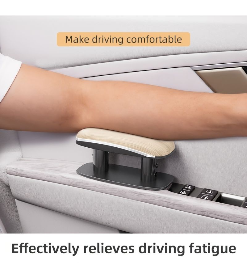Grey Car Elbow Support Armrest Pad Adjustable Height Wood Grain Faux Leather No Damage Install Comfortable Driving Rest - Image 3