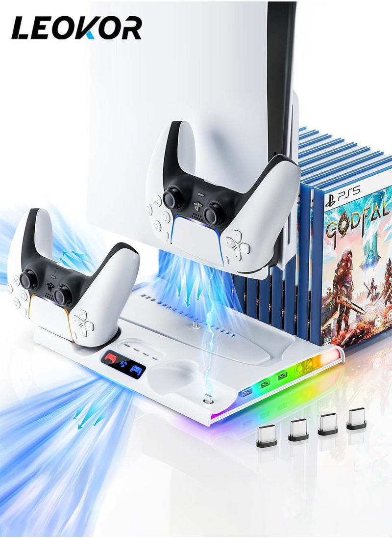 LEOKOR PS5 Slim Cooling Charging Station,with Cooling Station/Dual Controller Charging Station and RGB Light,8 Game slots and 1 hard drive slot,for PlayStation 5 Slim/Disc/Digital  - Image 1