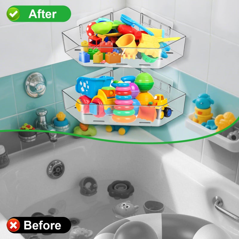 MAKIOTEKO 2 Pack Acrylic Corner Shower Caddy, Adhesive Shower Organizer Bathroom Organizer Shelves Bath Toy Holder Storage for Bathroom - Image 5