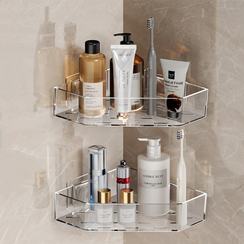 MAKIOTEKO 2 Pack Acrylic Corner Shower Caddy, Adhesive Shower Organizer Bathroom Organizer Shelves Bath Toy Holder Storage for Bathroom - Image 1