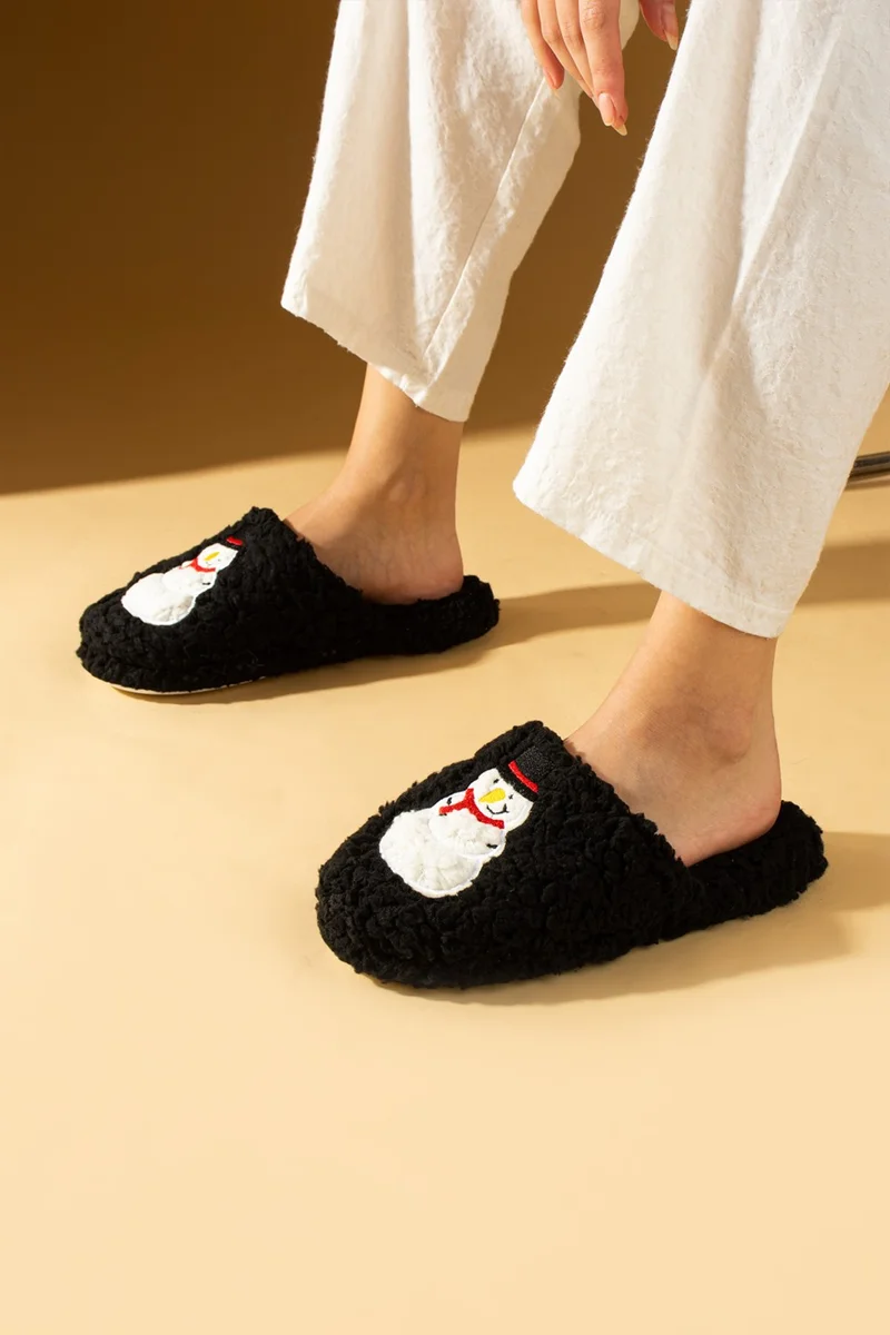 Pembe Potin Pink Potin Cold Proof Snowman Printed Wool Women's Home Slippers K100-25