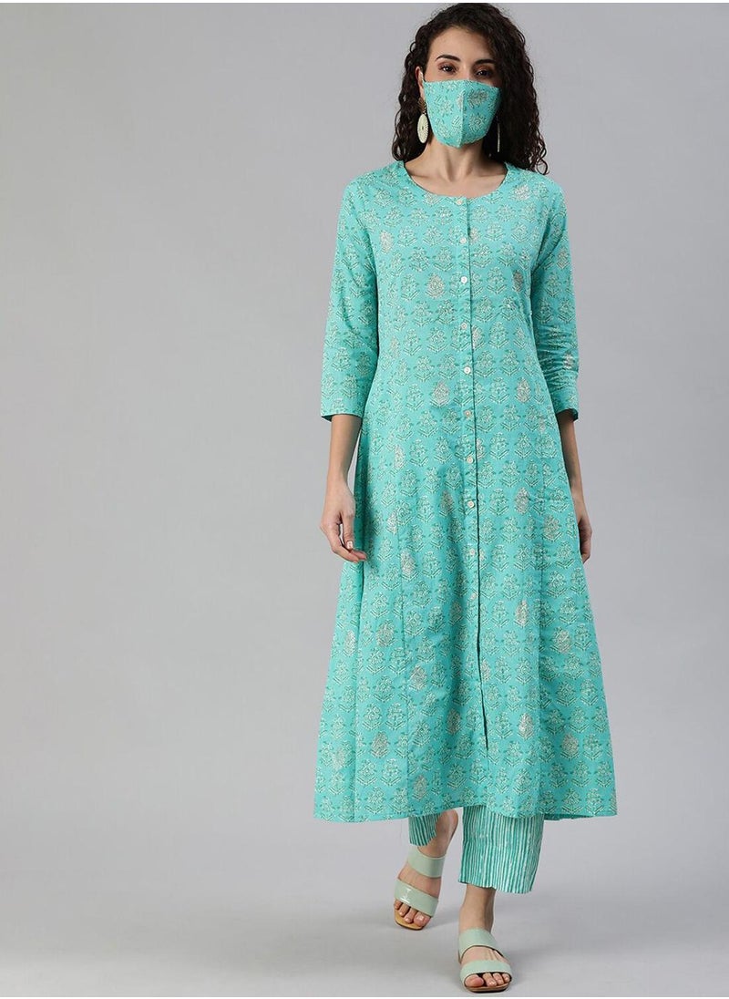 ISHIN Women's Turquoise Blue 100% Cotton Self Design Full Length Palazzo A-Line Kurta Set  - Image 1