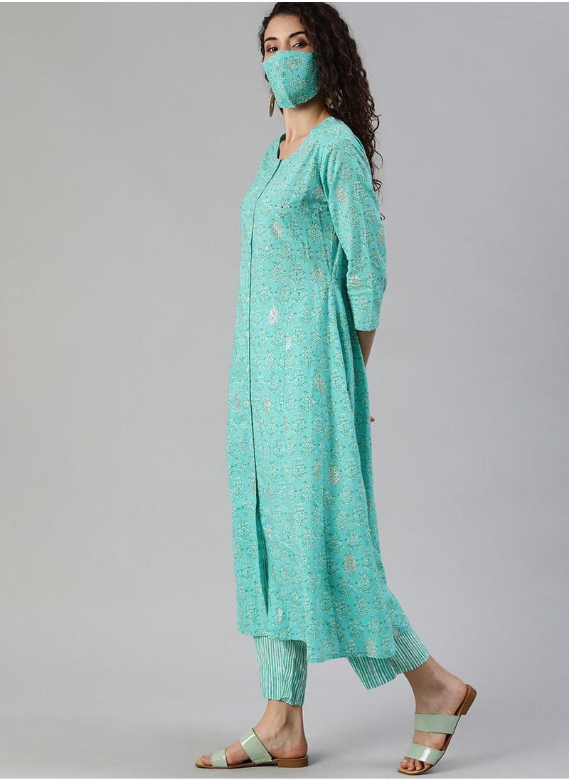 ISHIN Women's Turquoise Blue 100% Cotton Self Design Full Length Palazzo A-Line Kurta Set  - Image 5