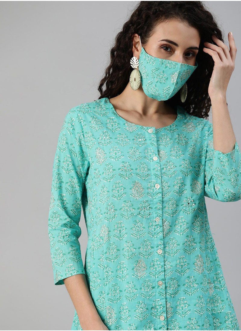 ISHIN Women's Turquoise Blue 100% Cotton Self Design Full Length Palazzo A-Line Kurta Set  - Image 2