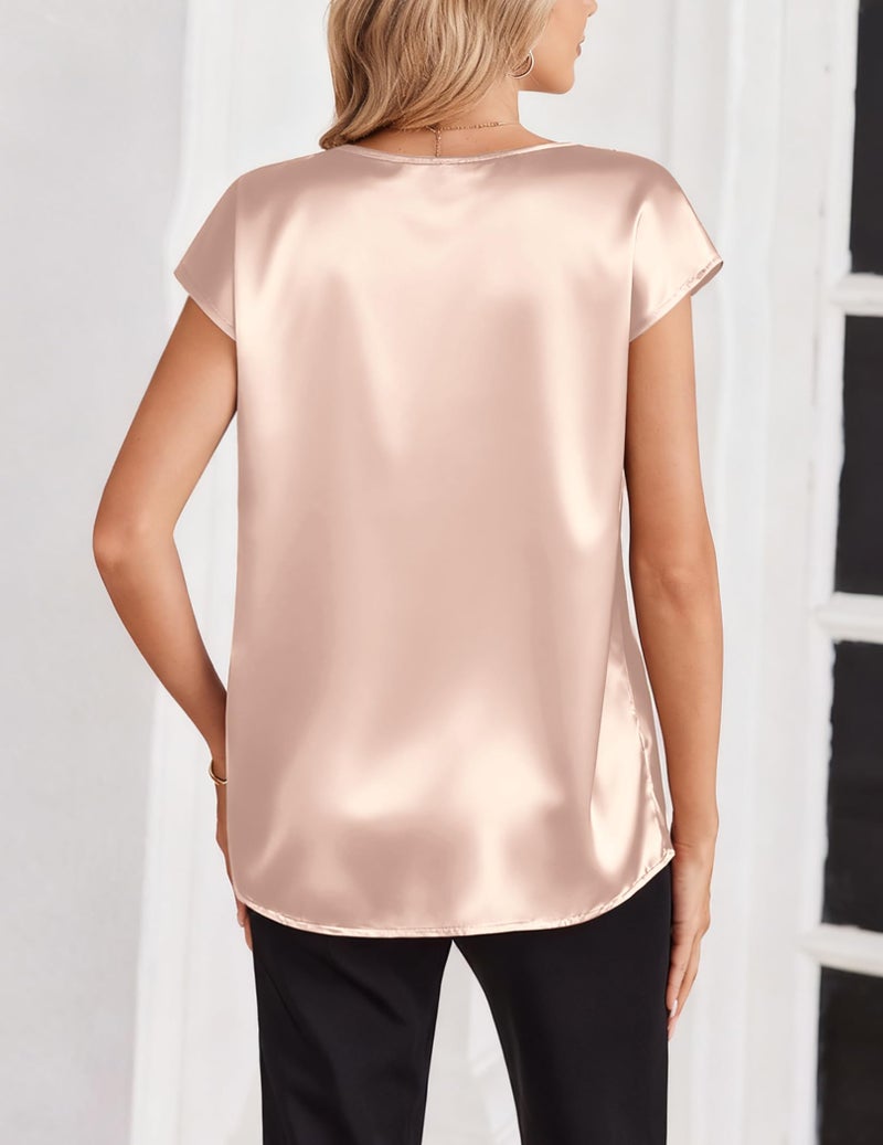 Zeagoo Shirts for Women Short Sleeve Silk Blouses 2026 V Neck Tshirts Fashion Summer Clothes Business Work Top Champagne - Image 4