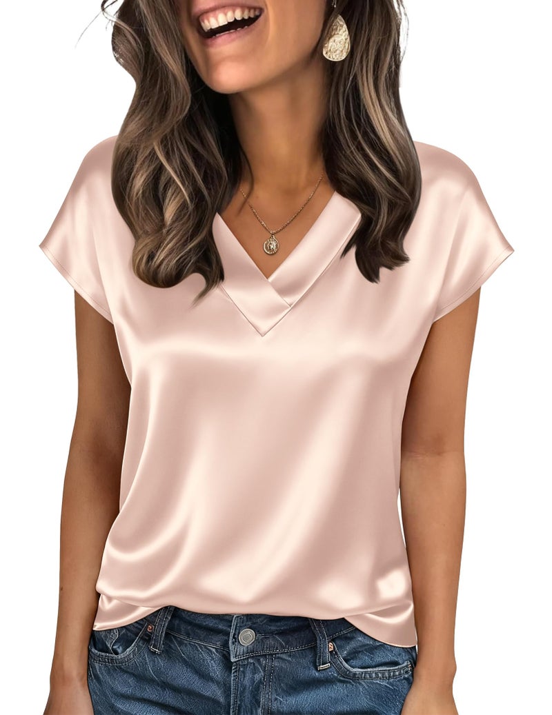 Zeagoo Shirts for Women Short Sleeve Silk Blouses 2026 V Neck Tshirts Fashion Summer Clothes Business Work Top Champagne - Image 1