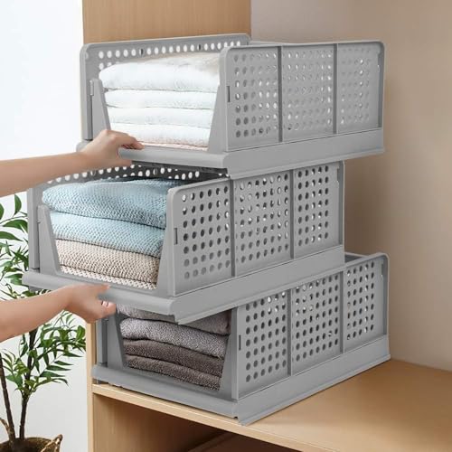 JEYANG Stackable & Foldable Wardrobe Clothes Organizer - Multipurpose Plastic Closet Storage Cupboard for Kitchen & Bathroom (Pack of 6, Grey) - Image 1