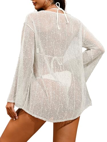 Lilosy Sexy Crochet Mesh Sheer Long Sleeve Dress Beach Bathing Suit Swim Coverup Summer Vacation Outfits One Piece Women Knit See Through Swimsuit Bikini Swimwear White X-Large - Image 3