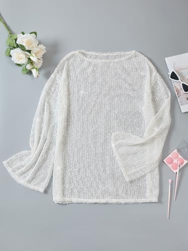 Lilosy Sexy Crochet Mesh Sheer Long Sleeve Dress Beach Bathing Suit Swim Coverup Summer Vacation Outfits One Piece Women Knit See Through Swimsuit Bikini Swimwear White X-Large - Image 5