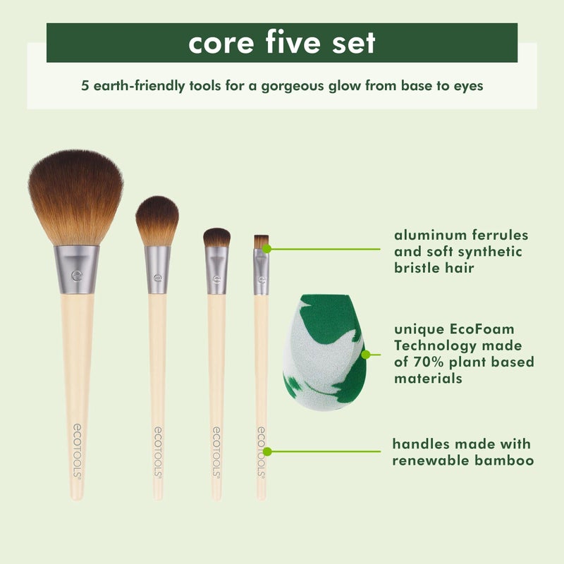 EcoTools Core Five Makeup Brush and Sponge Kit, For Eyeshadow, Blush, Bronzer, Eyeliner, & Foundation, Makeup Blending Sponge, Brush Essentials, 5 Piece Set - Image 2