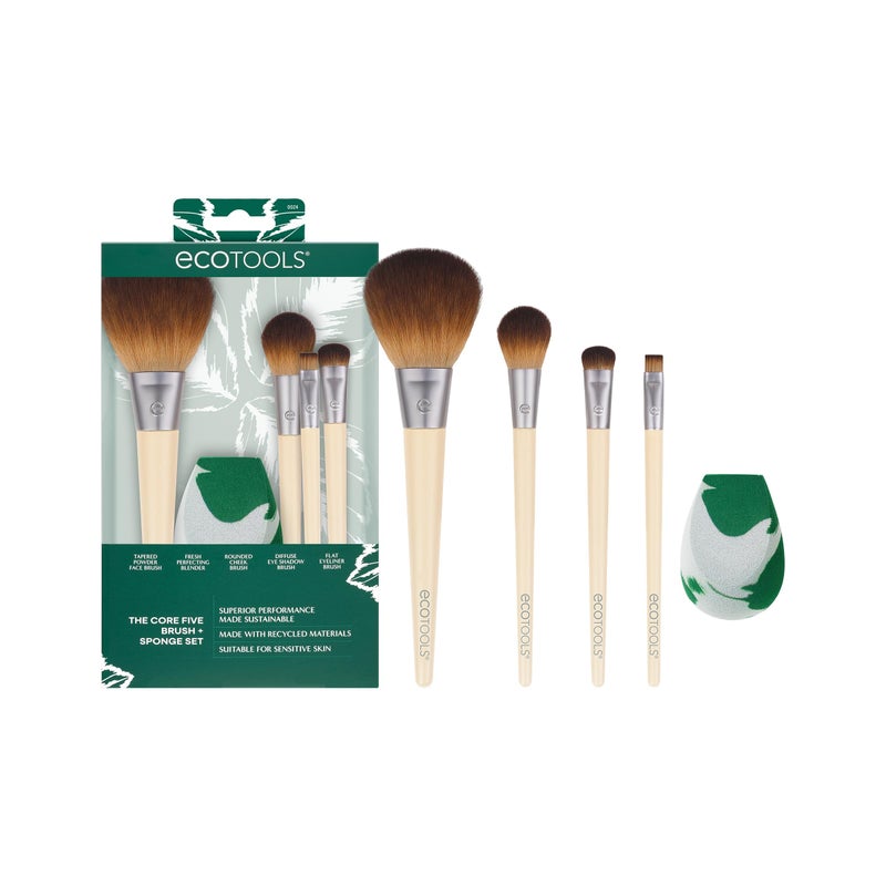 EcoTools Core Five Makeup Brush and Sponge Kit, For Eyeshadow, Blush, Bronzer, Eyeliner, & Foundation, Makeup Blending Sponge, Brush Essentials, 5 Piece Set - Image 1