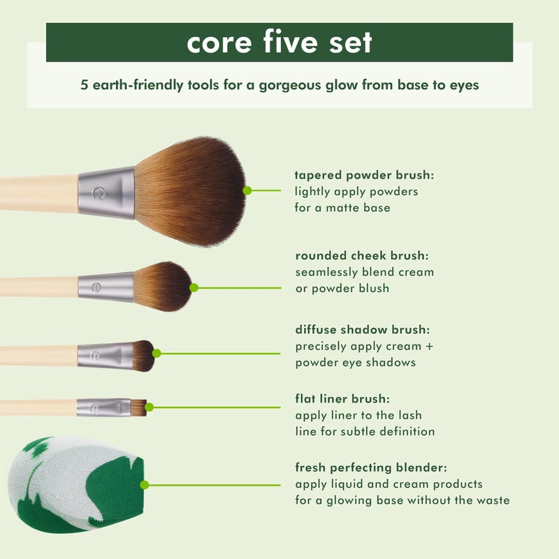 EcoTools Core Five Makeup Brush and Sponge Kit, For Eyeshadow, Blush, Bronzer, Eyeliner, & Foundation, Makeup Blending Sponge, Brush Essentials, 5 Piece Set - Image 3