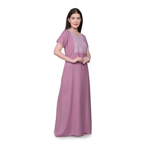 SAND DUNE Alpine Long Nighty Short Sleeves Embroidered Night Gown for Women Light Purple - Image 2