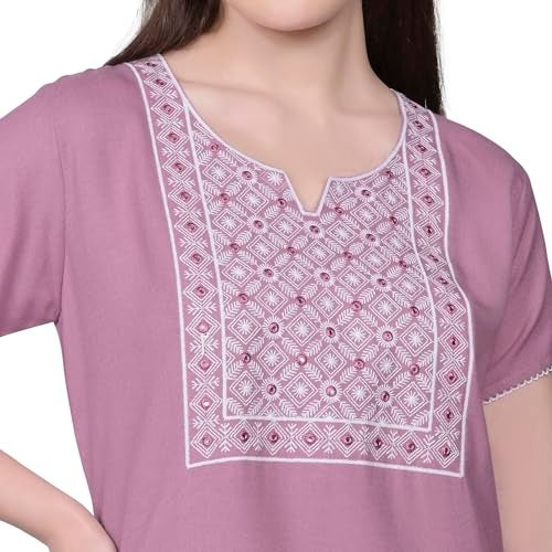 SAND DUNE Alpine Long Nighty Short Sleeves Embroidered Night Gown for Women Light Purple - Image 4