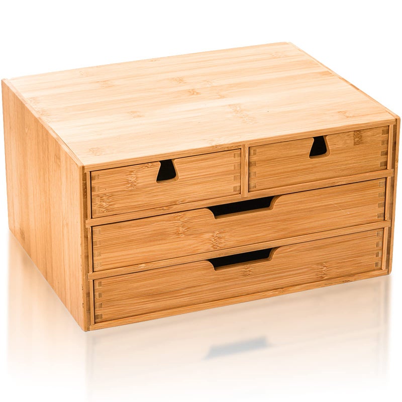 DEAYOU Bamboo Desk Organizer, 100% Natural Bamboo Desktop Drawer Organizer, Tabletop Storage Cabinet Organization Box with 4 Drawers for Makeup, Letter, Home Office Supplies, 3-Layer, Fully Assembled - Image 3