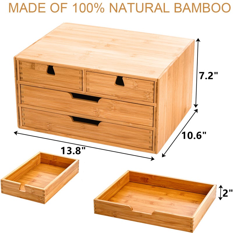 DEAYOU Bamboo Desk Organizer, 100% Natural Bamboo Desktop Drawer Organizer, Tabletop Storage Cabinet Organization Box with 4 Drawers for Makeup, Letter, Home Office Supplies, 3-Layer, Fully Assembled - Image 2