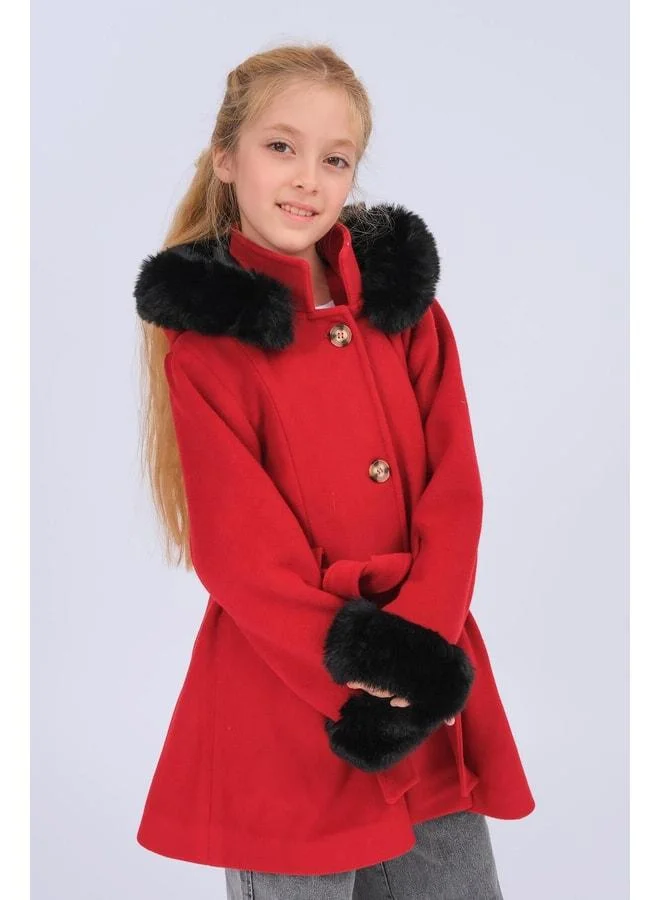 Perendi Girl's Fur-Detail Hooded Belted Tweed Coat – Red.