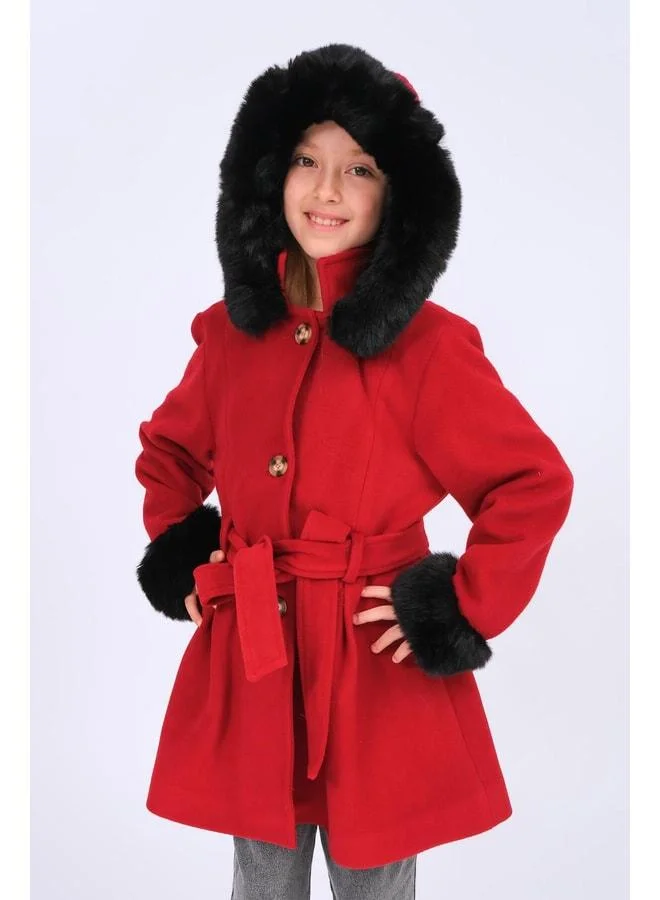 Perendi Girl's Fur-Detail Hooded Belted Tweed Coat – Red.