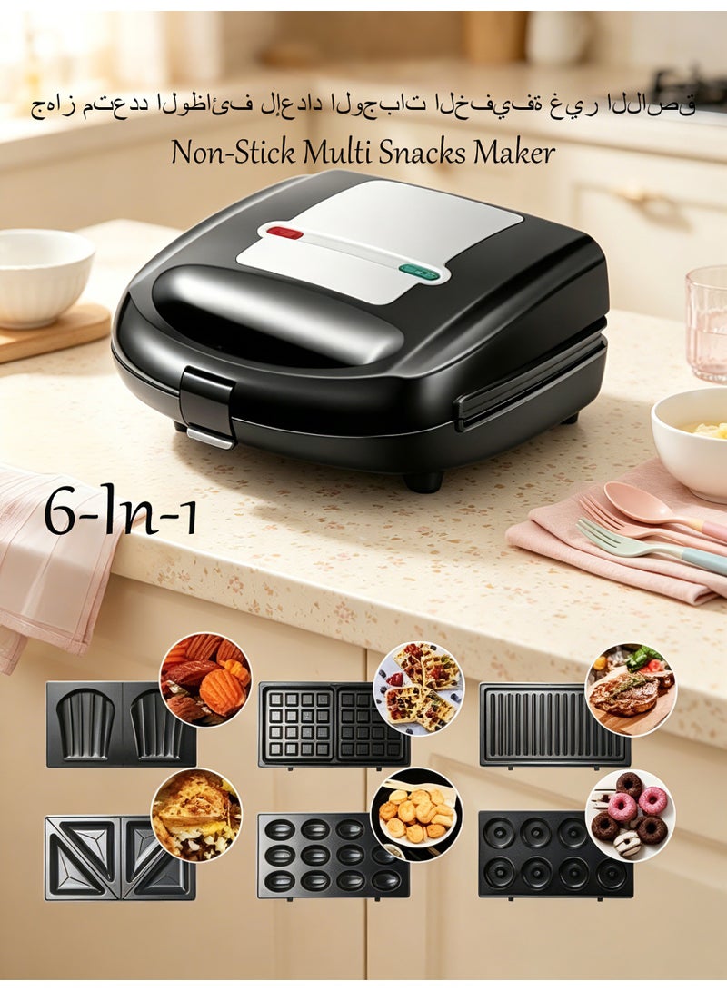 sokany 6-In-1 Non-Stick Multi Snacks Maker with Detachable Plates, for Sandwich/Panini, Grill, Waffle, Donut, madeline cake, walnut, Detachable Plates, 750W, Black/Silver - Image 1